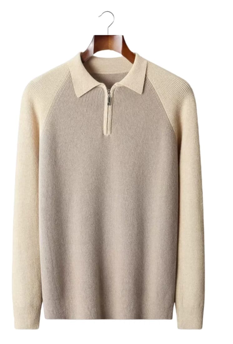 Two-tone zip polo sweater